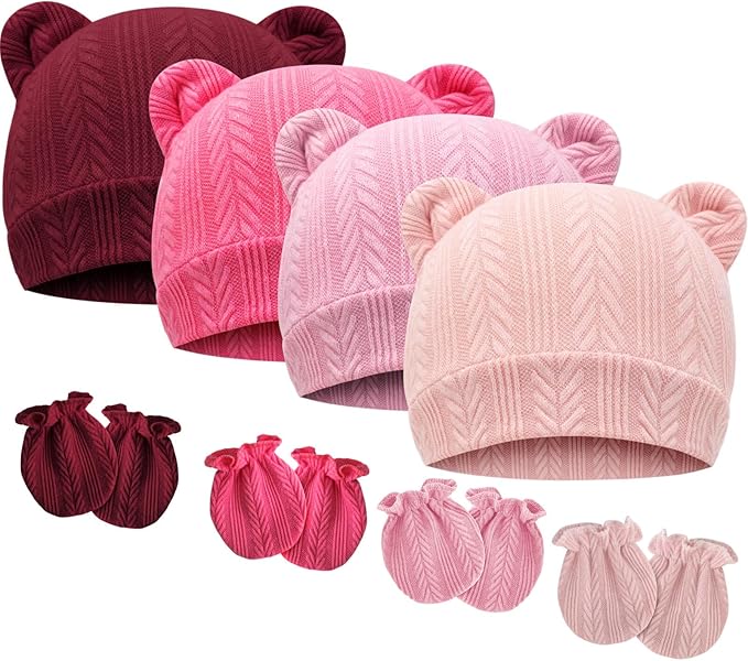 BQUBO Newborn Baby Hats Bear Ears and Mittens Sets Preemie Caps Baby Boy Girl by DRESHOW