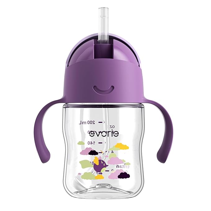 Evorie Tritan Weighted Straw Sippy Cup with Handles for Baby and Toddlers, Spill Proof Baby Water Bottle with Straw for 6 months and up, 7 Oz, Infant Training Water Bottle (Daydream)