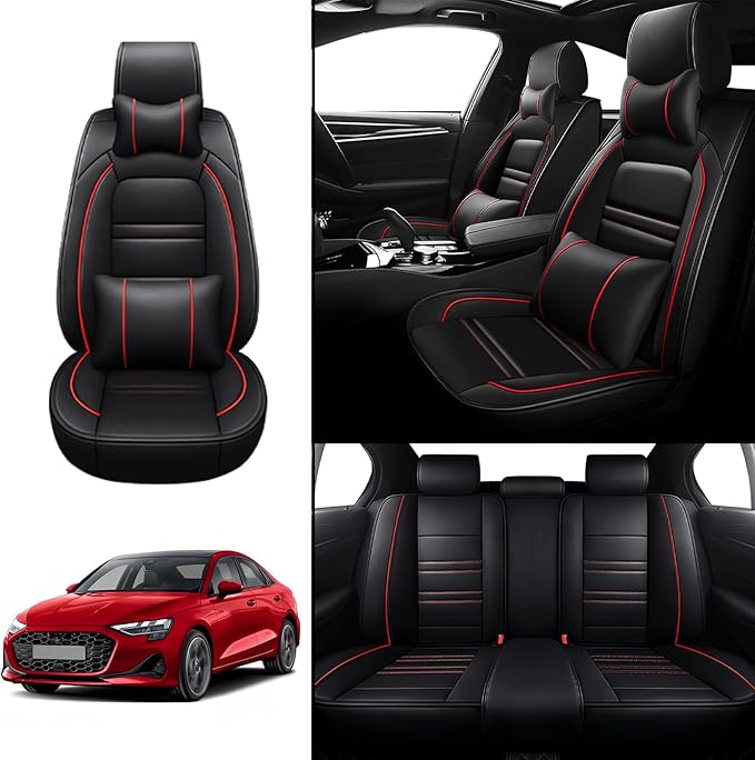 Car Seat Covers for Audi a3 2006-2025 | 5-Seats Seat Covers, Waterproof Seat Protectors, Automotive Seat Covers (Full Set with Pillow,Black&Red Line)