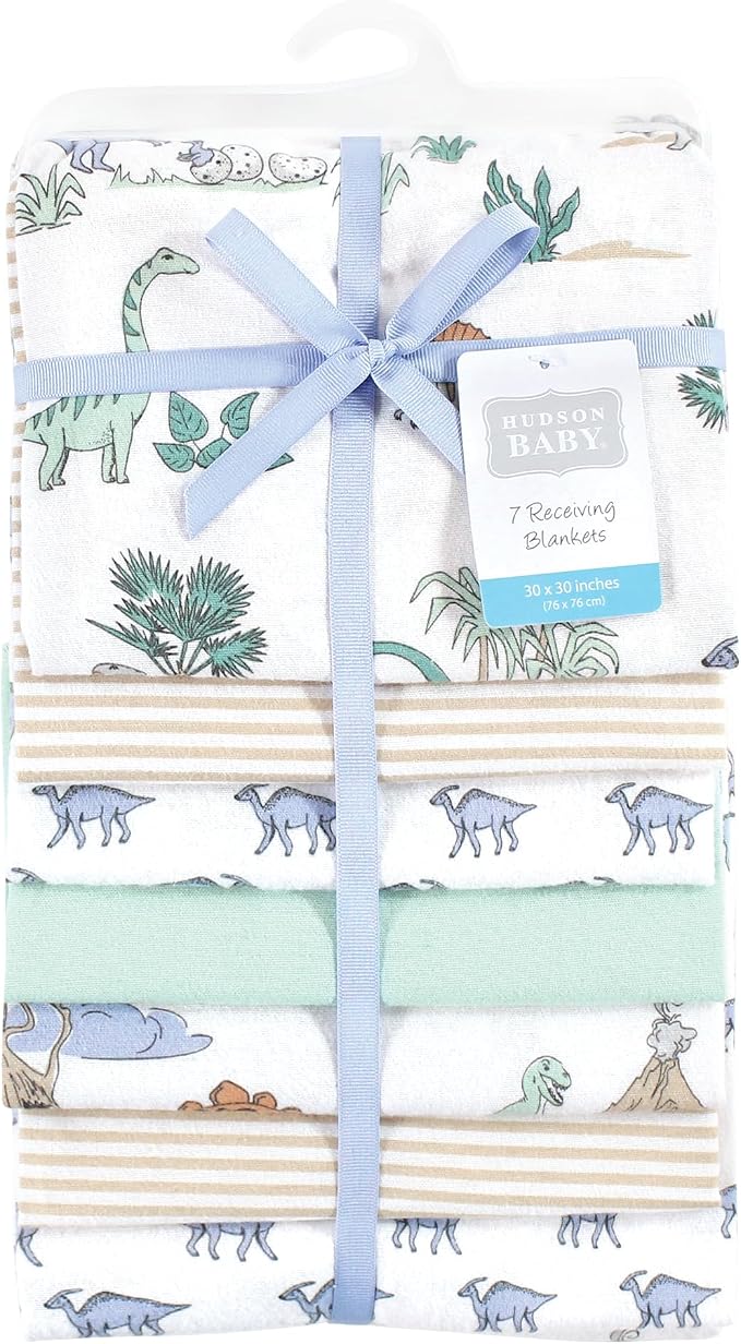 Hudson Baby Unisex Baby Cotton Poly Flannel Receiving Blankets Bundle, Boy Dino - Image 2