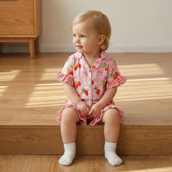 Kuriozud Toddler Baby Girl Pajamas Set Summer Floral Short Sleeve Button Down - Image 3