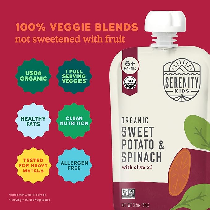 Serenity Kids 6+ Months Veggie Puree Baby Food Pouches - USDA Organic - No Sugary Fruits or Added Sugar - Allergen Free - 3.5 Oz BPA-Free Pouch - Sweet Potato & Spinach - 6 Count - Sweet Potato Puree