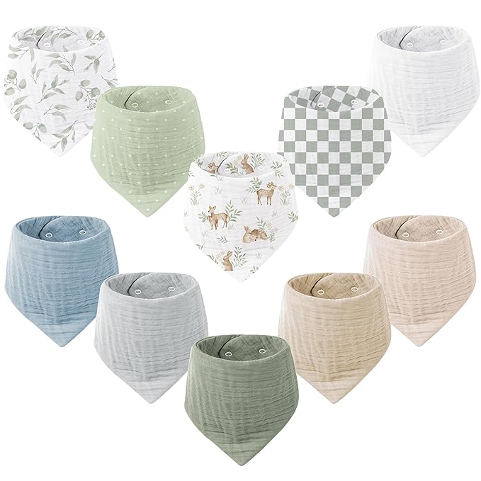 Konssy Muslin Baby Bibs 10 Pack Baby Bandana Drool Bibs 100% Cotton for Unisex Boys and Girls, Soft Absorbent Set for Teething and Drooling
