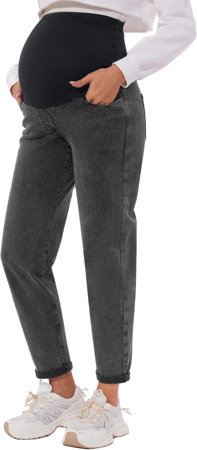 POSHGLAM Women's Maternity Jeans Over Belly Comfy Stretch 28'' Boyfriend Jeans Loose Pregnancy Pants, S-XXL