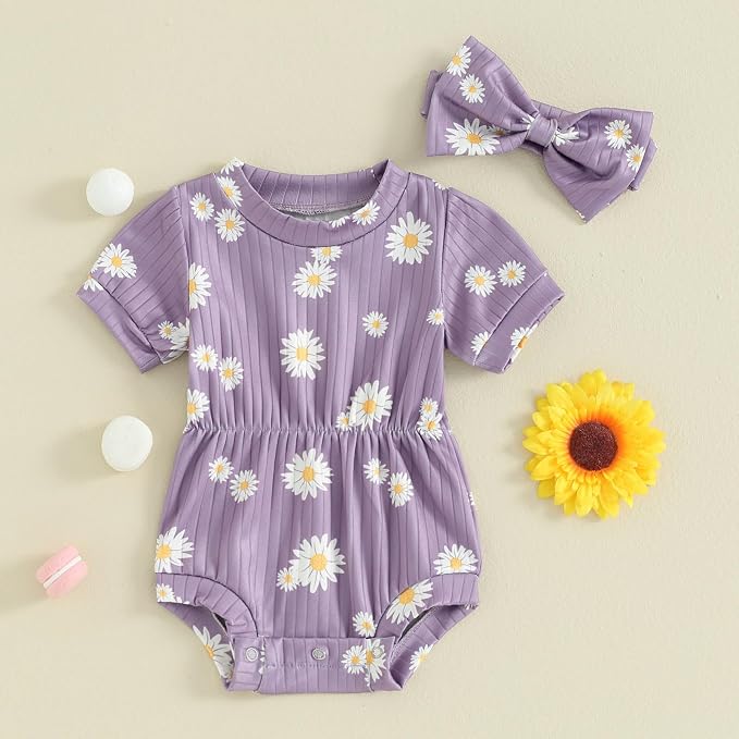 FOCUSNORM Baby Girl Summer Clothes Ribbed Short Sleeve Romper Solid Color - Image 2