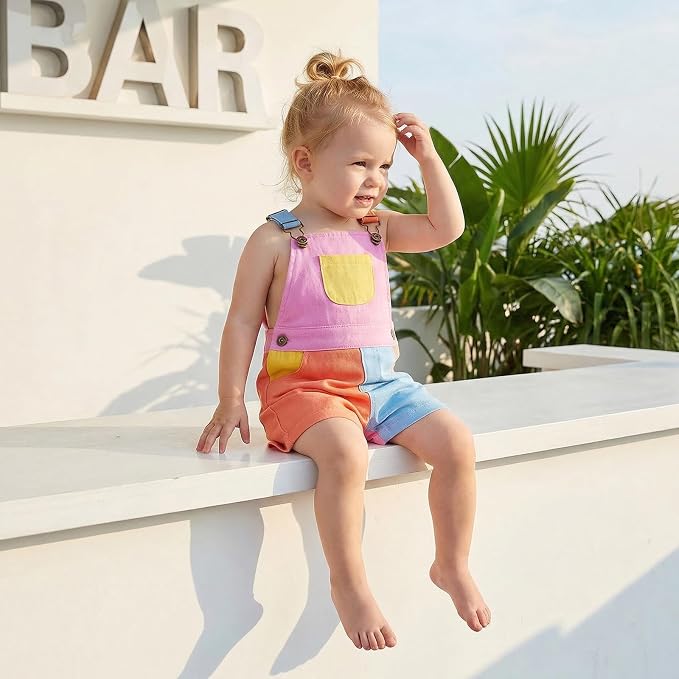 Fernvia Toddler Kids Baby Girl Boy Contrast Color Overalls Shorts Clothes - Image 3