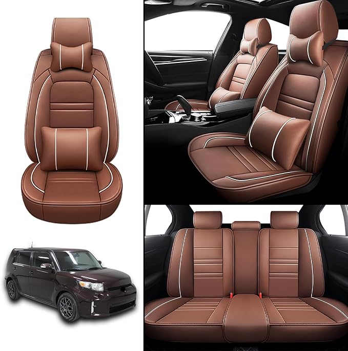 Car Seat Covers for Scion xb 2004-2015 | 5-Seats Seat Covers, Waterproof Seat Protectors, Automotive Seat Covers (Full Set with Pillow,Coffee)