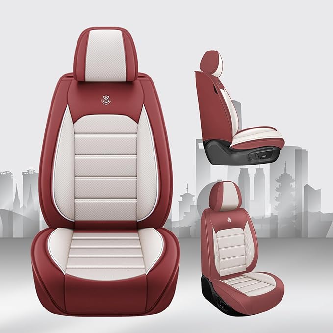 JOJ Car Seat Cover Fit for Toyota Highlander 2001-2025,7 Seat Car Seat Cover,No-Slip Waterproof Breathable Faux Leather Automotive Seat Covers Auto Interior Covers,Full Set,Cream Red