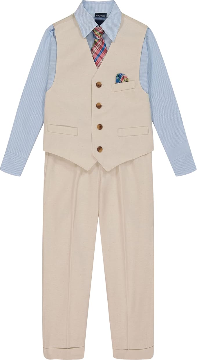Nautica Boys' 4-Piece Formal Suit Set with Vest, Pants, Collared Dress Shirt, and Tie