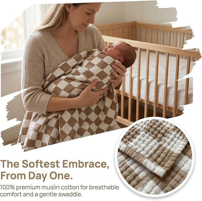 3 Pack Ultra Soft Checkered Muslin Swaddle Blankets 38"x40" Cotton Newborn - Image 2