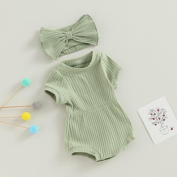 FOCUSNORM Baby Girl Summer Clothes Ribbed Short Sleeve Romper Solid Color - Image 6