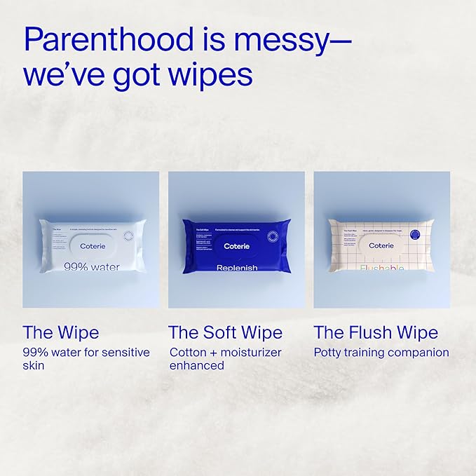 Coterie Flushable Wipes for Sensitive Skin, Hypoallergenic, 99% Water, Plant-Based Fibers, Sewer + Septic Safe to Flush, Fragrance Free Potty Training Toddler Toilet Wipes | 16 Packs (896 Count)