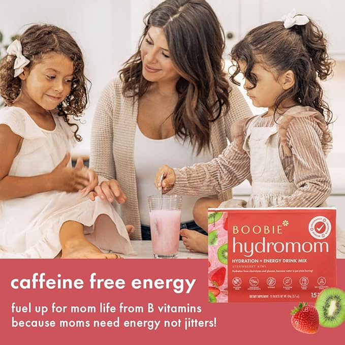 Boobie Hydromom Superfood Electrolyte Drink Mix, Strawberry Kiwi | Refreshing Energy & Hydration Boost for Mamas | On-The-Go & Travel Essentials for Pregnancy, Lactation, & Beyond, 15 Packets