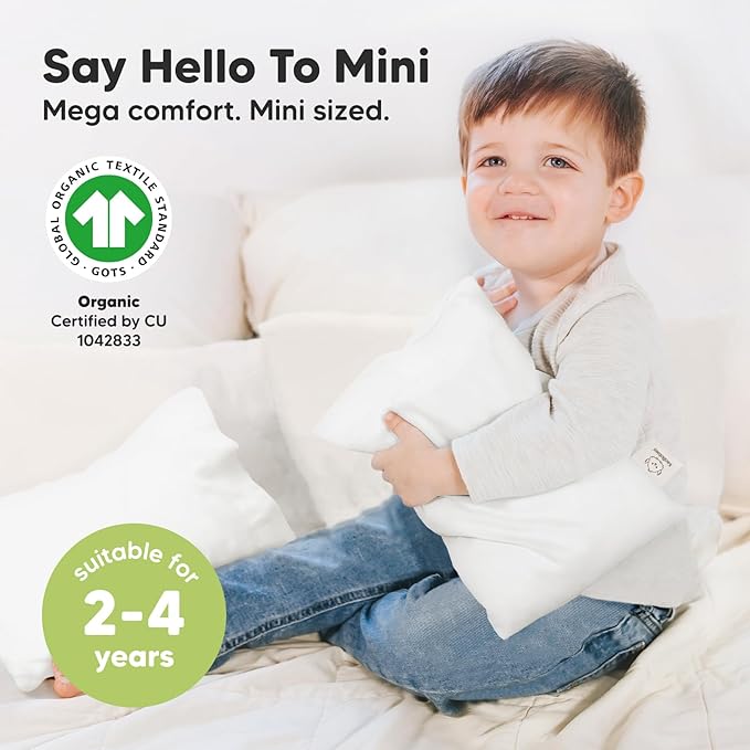 Mini Toddler Pillow with Pillowcase - 9x13 My Little Dreamy Travel Kids Pillow for Sleeping, Toddler Bed, Small, Tiny, Organic Cotton Pillowcase, Soft & Breathable, Kids 2-4 Years Old(Soft White)