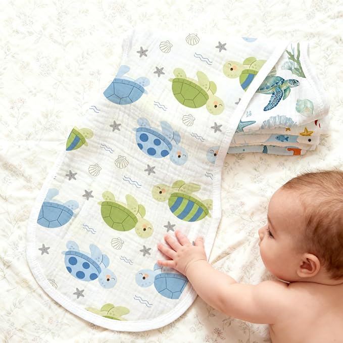 6 Pack Ocean Theme Baby Burp Cloths, 20x10 Contoured Burp Rags - Image 3