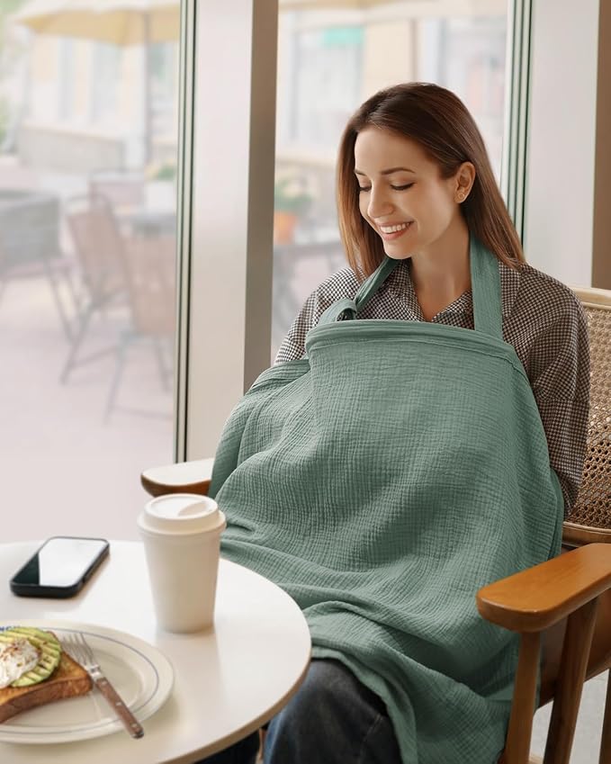 Blissful Diary Muslin Nursing Cover for Breastfeeding, Breathable Breastfeeding Cover up with Arch Neckline for Women, Nursing Apron (Roman Green)
