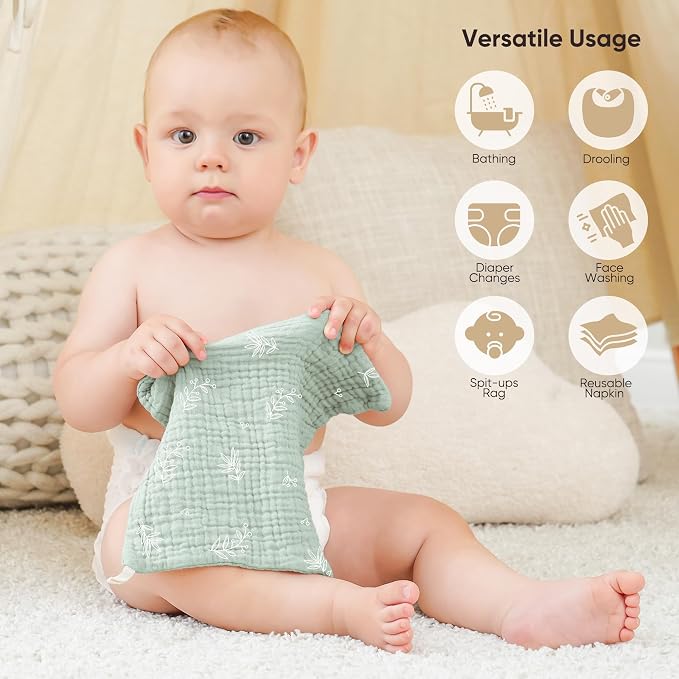 Bearmoss 12 Pack Baby Muslin Washcloths, 100% Cotton 10"x10" Face Towels - Image 4