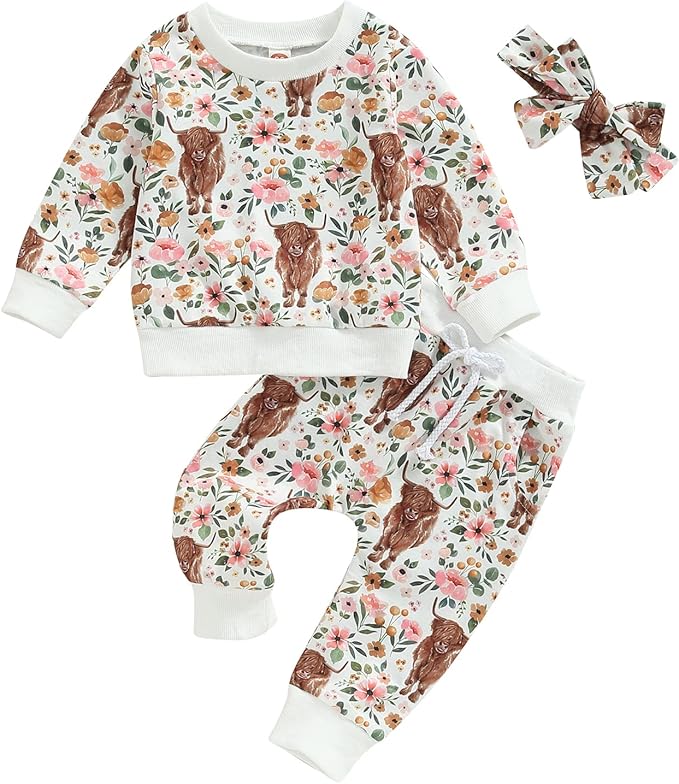 3Pcs Baby Girl Outfits Daisy Sweatshirt + Pants + Headband Infant Fall Winter Clothes