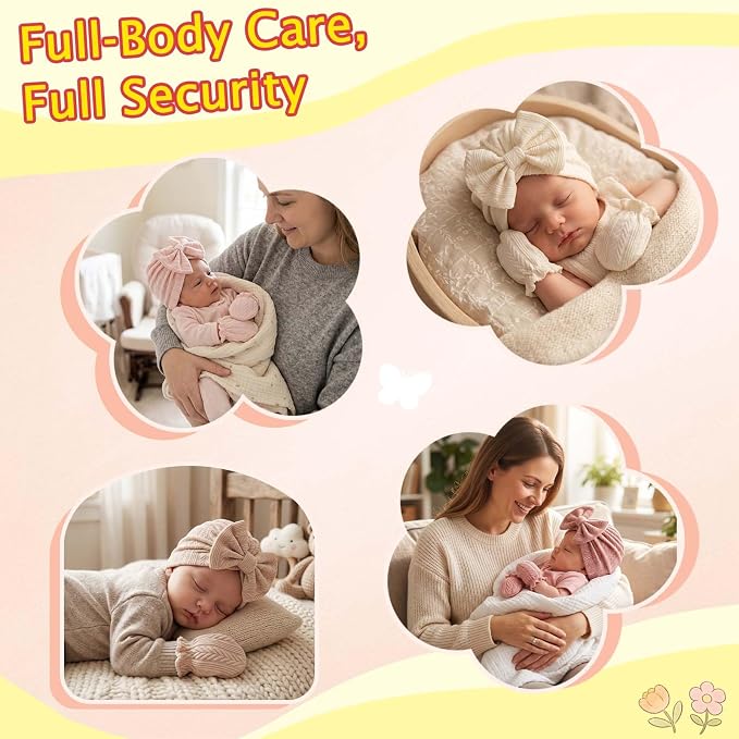 8 Sets Newborn Baby Girl Bow Hats and Mittens Turban Beanies 0-3M | Cotton - Image 7