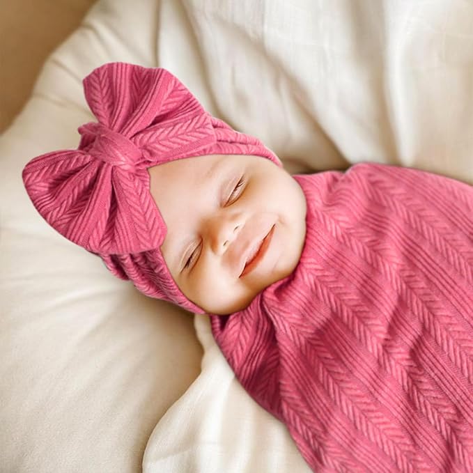 AQOKKA Newborn Receiving Blanket Wheat Ear Bow Hat Hairband Set - Image 6