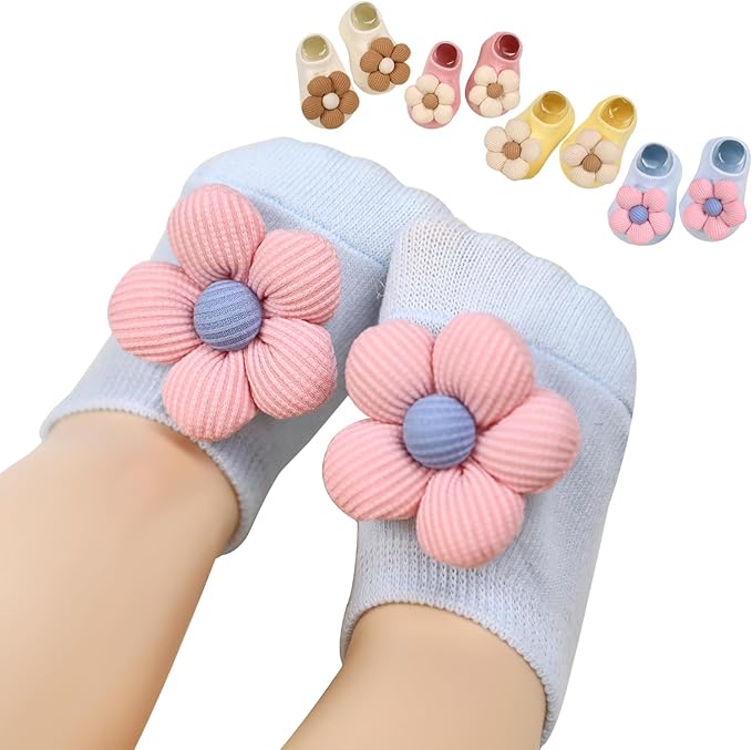 4Packs Baby Girls Socks, Flower Non-Slip Grips by KEAINVRN