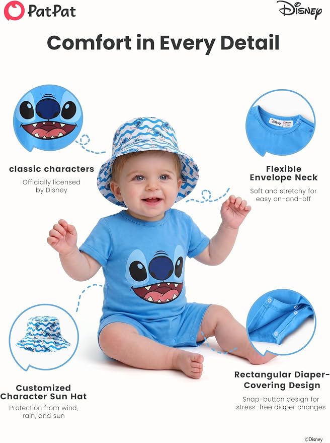 Disney Baby Boy's 2-Piece Romper and Sun Hat Outfit Set Newborn to Infant - Image 6