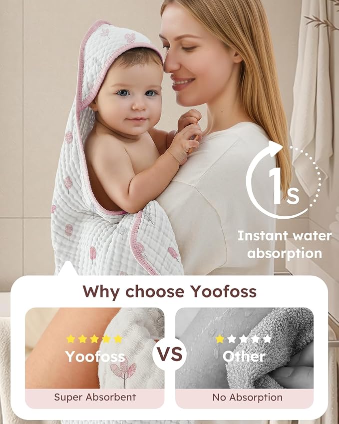 Yoofoss Hooded Baby Bath Towels 2 Pack 100% Muslin Organic Cotton - Image 3