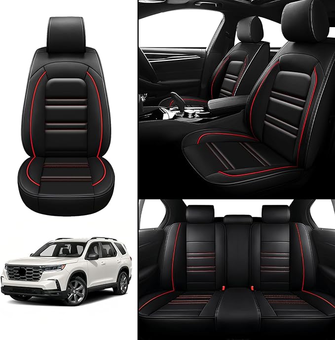 Seat Covers for Honda Pilot 2003-2025 | 5-Seats Leather Seat Covers, Easy to Install Automotive Seat Covers Full Set (Full Set, Black&Red Line)