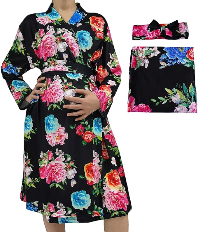 SUFEINI Maternity Robe and Matching Baby Swaddle Blanket Set, Mommy Robe by SUFEINI