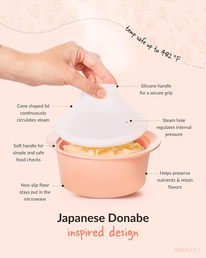Moyuum Silicone Microwave Steamer | Made in Korea, Baby Food Maker Bowl with Lid, Egg and Vegetable Steam Cooker, Japanese Donabe Inspired Cooking Pot, Dishwasher Safe (Small, Oatmeal)