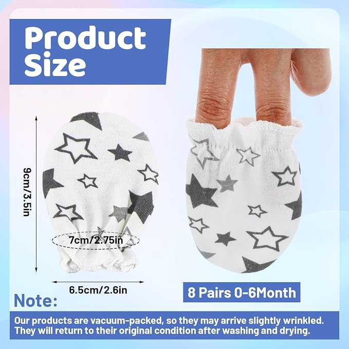 8 Pairs Newborn Baby Mittens No Scratch Gloves, Cotton Infant Baby Gloves - Image 2