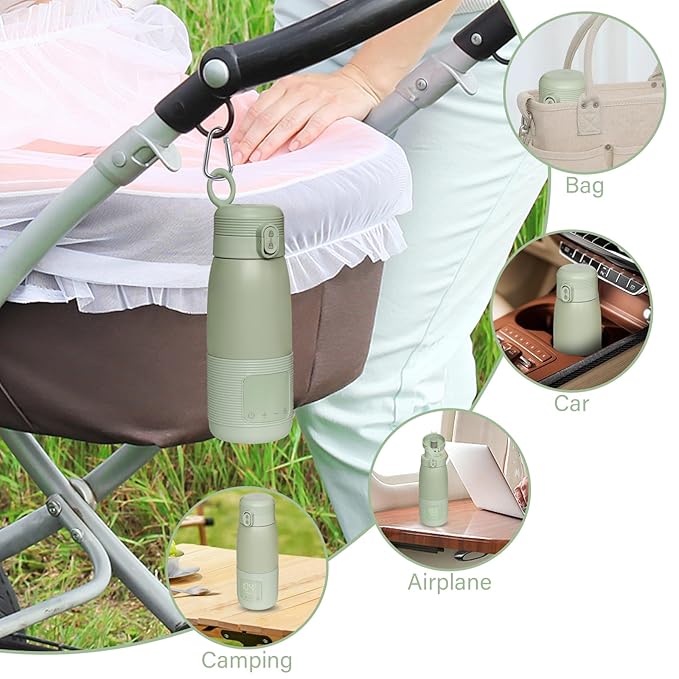 Portable Bottle Warmer for Travel - 5-Min Heating for Breast Milk, Formula & Water, 12oz Large Capacity, Long Battery Life, Baby Flask for Vehicle Car Airplane Journey