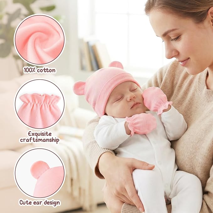 Newborn Baby Hats and Mittens Set, Cotton Infant Baby Boy Girl Bear Ears Caps - Image 3
