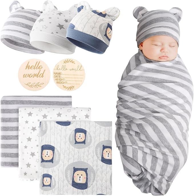DRESHOW BQUBO Cotton Baby Swaddle Hat Set Newborn Infant Receiving Blankets by DRESHOW