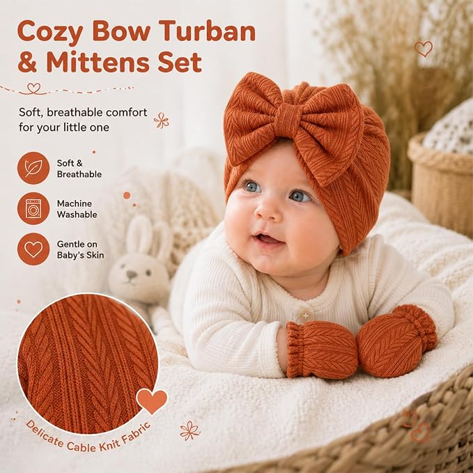 8 Sets Newborn Baby Girl Bow Hats and Mittens Turban Beanies 0-3M | Cotton - Image 5