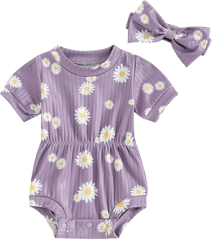 FOCUSNORM Baby Girl Summer Clothes Ribbed Short Sleeve Romper Solid Color by FOCUSNORM