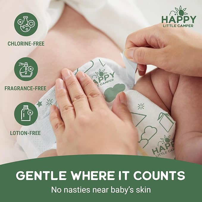 Happy Little Camper Super Saver Diapers, Size 2, 25 Count | Budget-Friendly Disposable Baby Diapers for Sensitive Skin | Hypoallergenic, Fragrance-Free, Ultra Absorbent