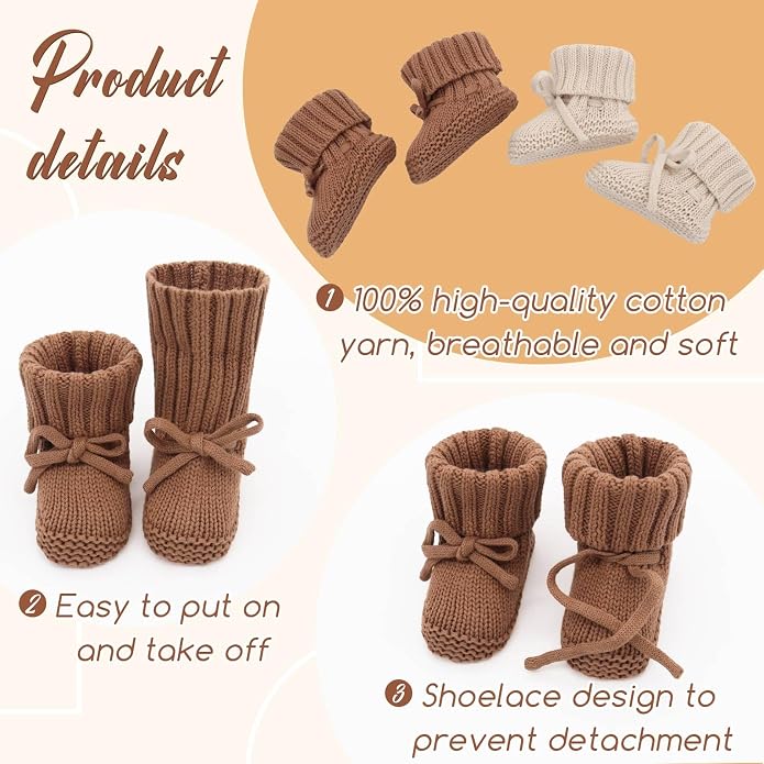 LifeTree Baby Knit Booties-2 Pairs, Cozy Cotton Handmade Crochet Baby Shoes - Image 5