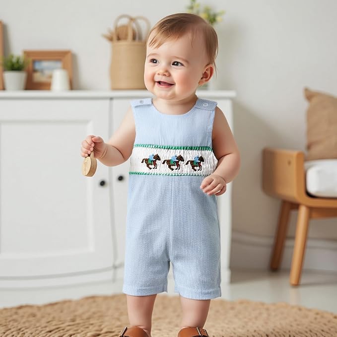 Newborn Baby Boys Sleeveless Seersucker Romper One Piece Straps Overalls - Image 7