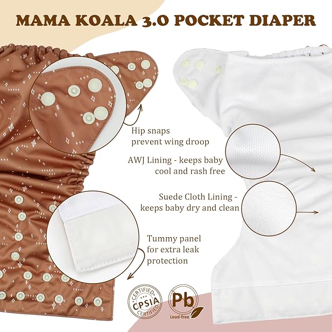Mama Koala 3.0 Cloth Diapers for Babies with AWJ Lining, 6 Pack with 6 Natural Cloth Diaper Inserts - Reusable and Washable Pocket Diapers (Space Ranger)