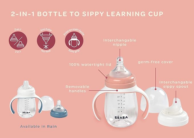 BEABA 2-in-1 Baby Bottle to Transition Sippy Cup, No Spill Sippy Cup, Includes Removable Handles, Silicone Baby Bottle Nipple and Soft Spout, 7 oz (Sage)