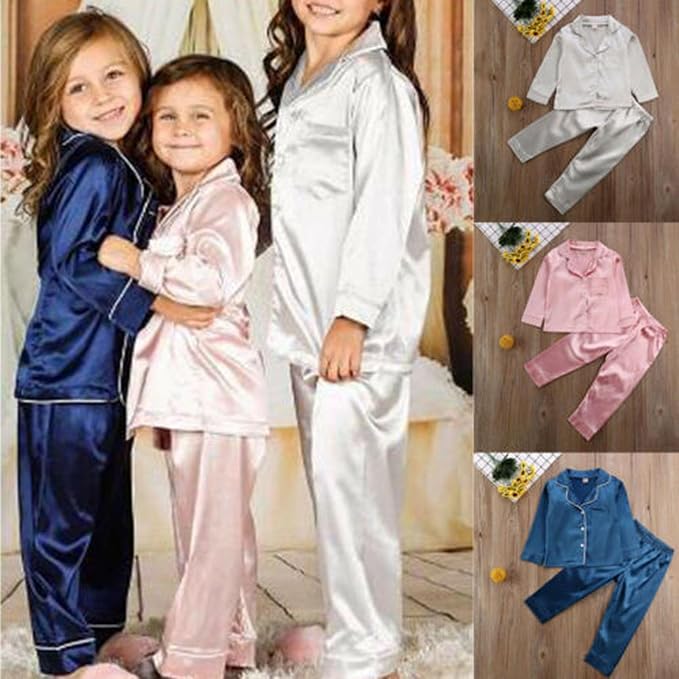 Kids Baby Girl Boy Satin Pajamas Set Button Down Sleep Shirt Top+Long Pants - Image 2