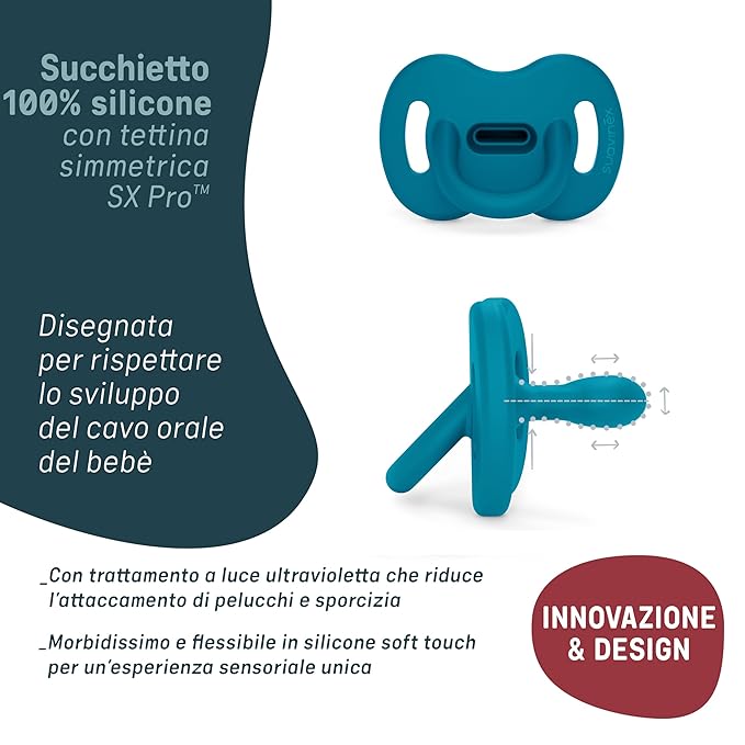 Color Essence SX PRO Silicone Baby Pacifier 1Pk, Made with 100% Soft Silicone, Baby Essentials Perfect for Breastfeeding Babies, Designed in Spain, 6-18 Mths, Deep Ocean