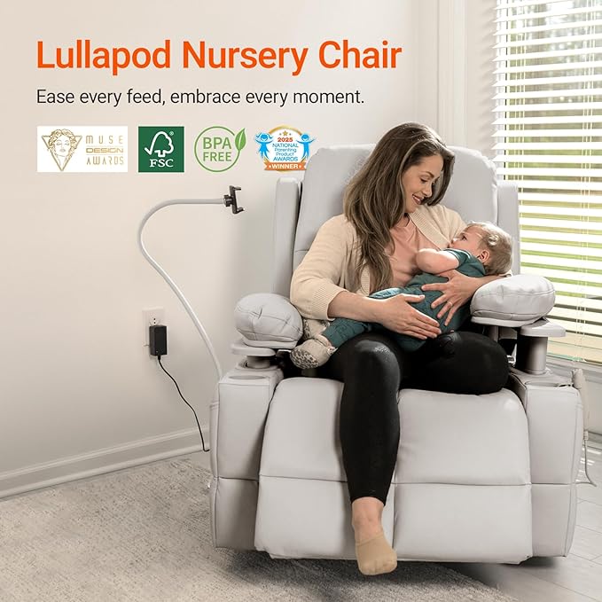 MAMAZING Oversized Rocking Chair Nursery with Adjustable Armrests, Electric Glider Recliner Nursing Chair for Breastfeeding, Power Swivel Recliner Chairs, Oeko-TEX & FSC Certified (Off White)