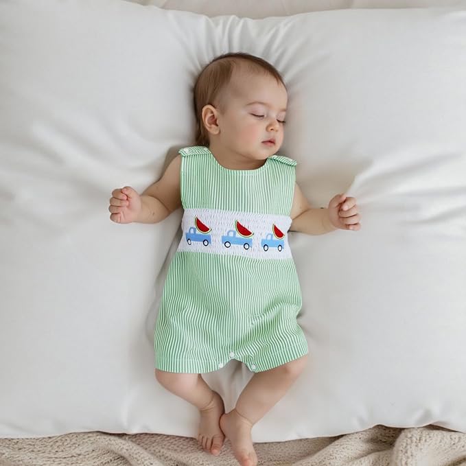 Newborn Baby Boys Sleeveless Seersucker Romper One Piece Straps Overalls - Image 7