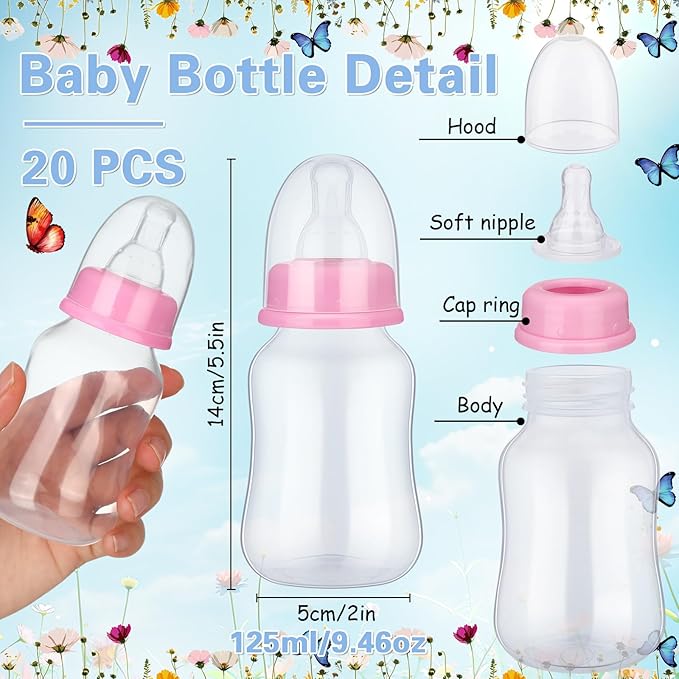 TrelaCo Bottle Chug Baby Shower Game Sign 20 Pcs Baby Bottles Shower Favor Plastic Greenery Flowers Bear Elephant Butterfly Gift Set for Gender Reveal Party (Wildflower, Pink)