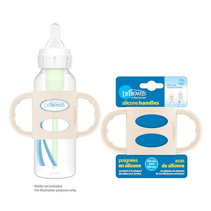 Dr. Brown's Narrow Baby Bottle Handles, 100% Silicone, Easy Grip Removable Handles for Bottle to Sippy Cup Transition, Ecru, 4m+
