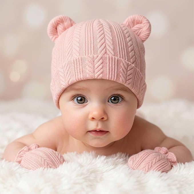 BQUBO Newborn Baby Hats Bear Ears and Mittens Sets Preemie Caps Baby Boy Girl - Image 3