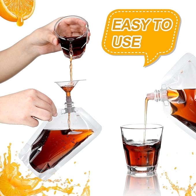 Meanplan 100 Pcs Plastic Pouches Bulk Reusable Squeeze Pouches Clear Plastic Juice Leak Proof Bags with Funnel for Party Favors Supplies(3.5 oz,Inclined Mouth)