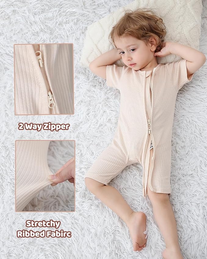 Bafeicao Baby Boy Girl 3 Pack Short Sleeve Rompers | 2 Way Zipper, Ribbed Cotton - Image 5